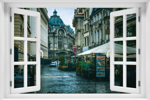 Fototapeta Naklejka Na Ścianę Okno 3D - Streets of the old town of Bucharest, Romania on a rainy day