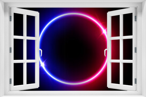 Fototapeta Naklejka Na Ścianę Okno 3D - Glowing neon light red blue circle isolated on black background. Abstract round electric frame. Geometric fashion design vector illustration. Empty minimal ring art decoration