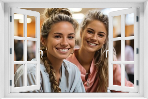 Two young women smiling happily.