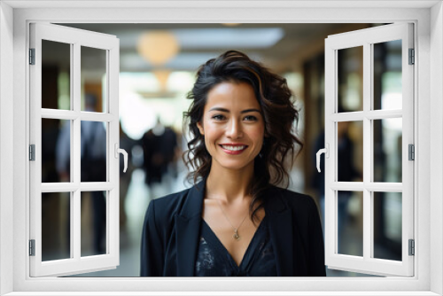 smiling business woman, with blur office background, empty copy space