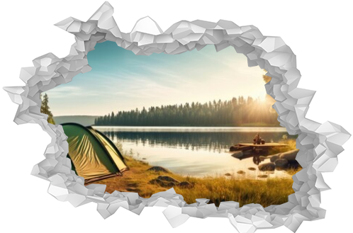 Camping under pine trees near a sunny lake in the morning Copy space image Place for adding text or design