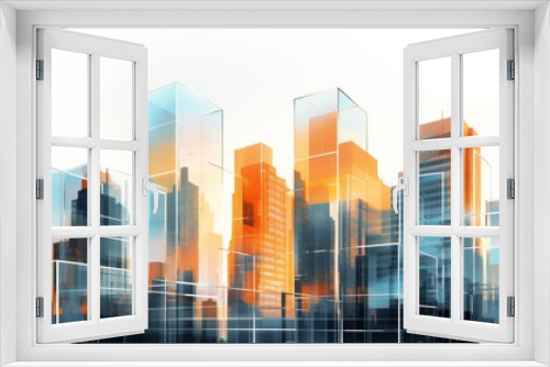 Skyscrapers background at sunset or sunrise, geometric pattern of towers, perspective graphic painting of buildings - Architectural illustration for financial, corporate and business brochure template