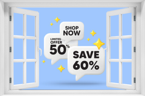 Save 60 percent off tag. 3d offer chat speech bubbles. Sale Discount offer price sign. Special offer symbol. Discount speech bubble 3d message. Talk box stars banner. Vector