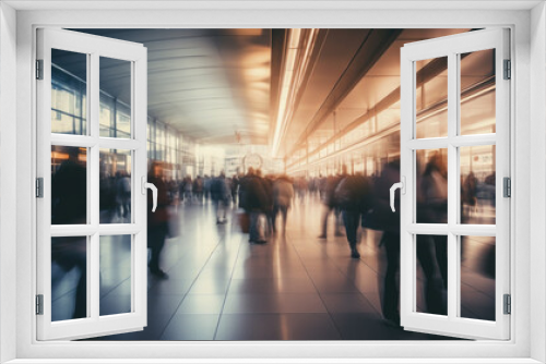 Blurred figures moving through a brightly lit transit space in airport
