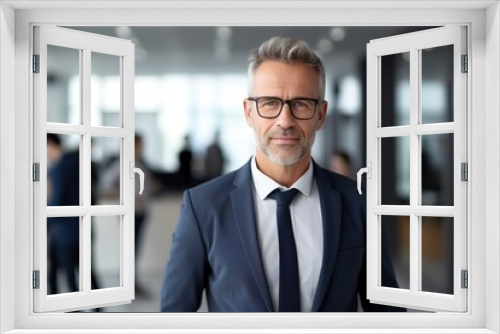 Portrait of a middle-aged Caucasian man with gray hair and glasses in a blue suit looking at the camera in an office with people behind him. Corporate portraits