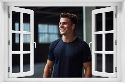 Portrait of a satisfied man in his 20s sporting a breathable mesh jersey against a empty modern loft background. AI Generation