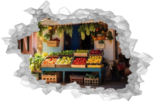 fruit and vegetables, Sunny day at a small local farmer's shop on a Spanish street, colorful array of organic produce,  authentic street market vibes.