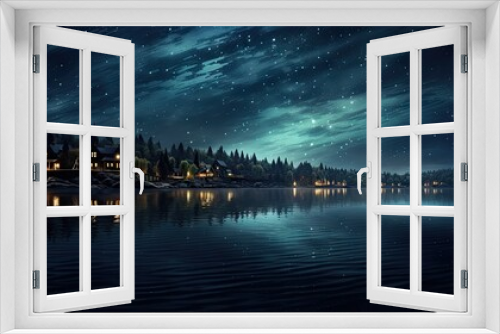  a night scene of a lake with a house on the shore and a lot of stars in the sky above the water and a lot of trees in the foreground.
