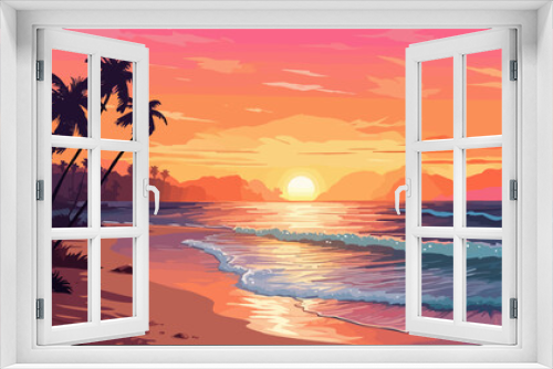 Fototapeta Naklejka Na Ścianę Okno 3D - Tropical beach at sunset with palms. Vector illustration in cartoon style