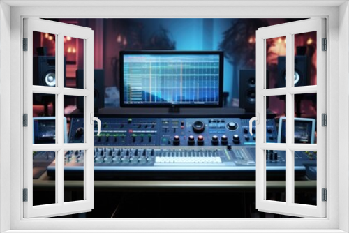 Image of a contemporary music studio control desk displaying DAW software user interface with song playing Includes equalizer mixer and professional gear Copy space image Place for adding text