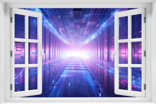 An abstract image of an advanced data center with rows of servers and holographic data visualization