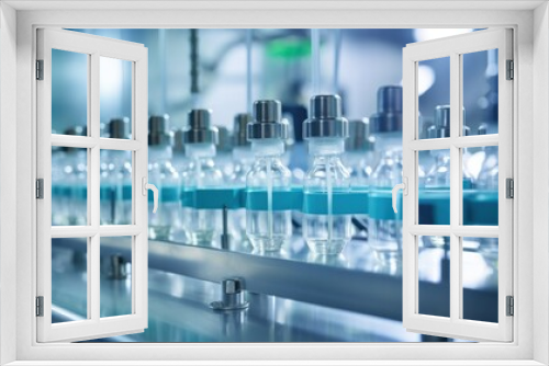 Medical vials on production line at pharmaceutical factory, Pharmaceutical machine working pharmaceutical glass bottles production line, health care, pandemic