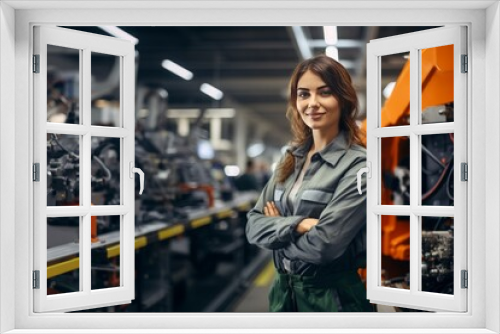 Mastery in Motion: Candid Shot Captures Confident Female Worker Operating Advanced Machinery in Auto Manufacturing