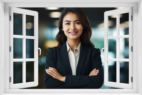 Young confident smiling Asian business woman leader, successful entrepreneur, professional company executive ceo manager, wearing suit standing in office with arms crossed. Made with generativ ai