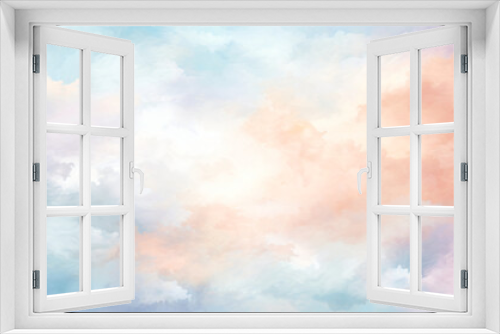 Dreamy pastel watercolor cloudscape features wispy clouds in hues ranging from light blue to pink to orange.