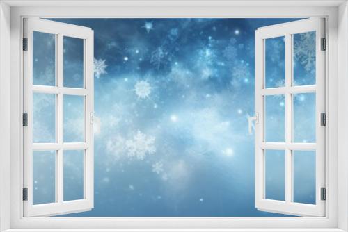 Blue falling snowflakes background. Christmas winter snowy celebration abstract banner wallpaper.