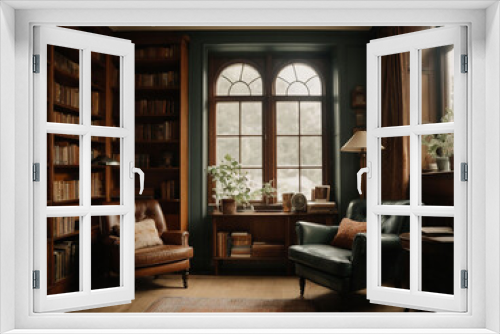 Modern living room, A cozy room with a window, a chair and a book shelf, Room with library