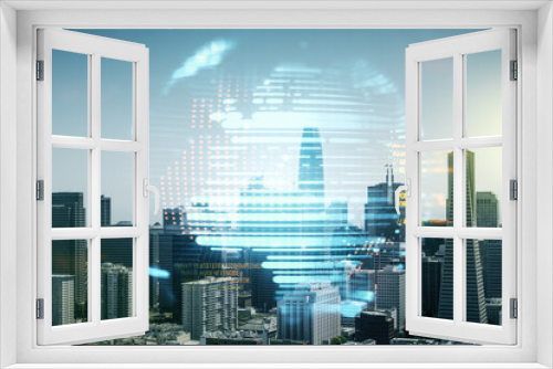 Fototapeta Naklejka Na Ścianę Okno 3D - Double exposure of abstract programming language hologram and world map on San Francisco city skyscrapers background, research and development concept
