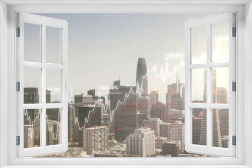 Fototapeta Naklejka Na Ścianę Okno 3D - Double exposure of abstract creative financial chart hologram on San Francisco skyscrapers background, research and strategy concept