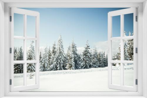 Fototapeta Naklejka Na Ścianę Okno 3D - beautiful winter landscape with snowy fir trees