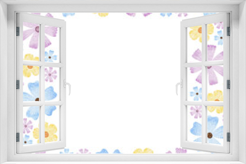 Fototapeta Naklejka Na Ścianę Okno 3D - Blue, purple and yellow wildflowers. Square frame of simple flowers. Watercolor isolated illustration. For the design of postcards for Easter, birthday, International Women's Day