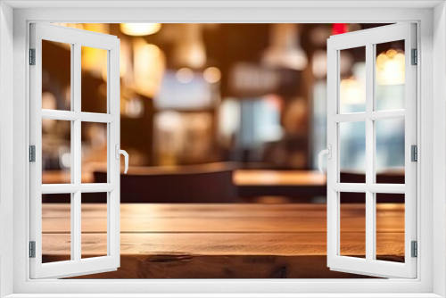 Vintage elegance. Blurred wooden table in dimly lit cafe ideal for creating retro atmosphere and showcasing products or ambiance