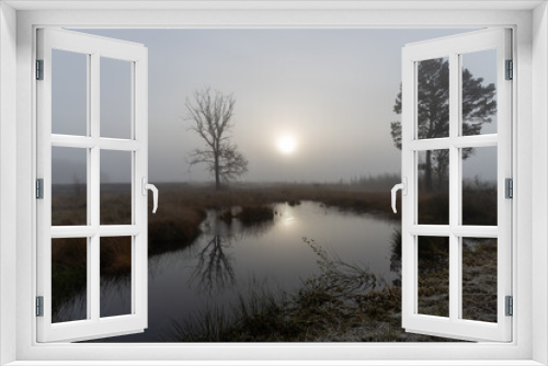 Fototapeta Naklejka Na Ścianę Okno 3D - Spiegelung bei Sonnenaufgang im Hochmoor.