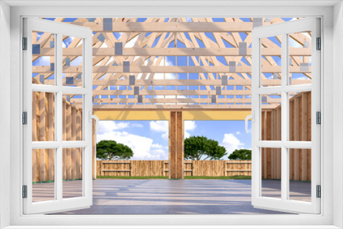 Fototapeta Naklejka Na Ścianę Okno 3D - Inside assembling a frame house. 3d illustration