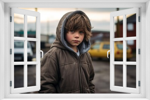 Portrait of a young boy in a hooded jacket on the street