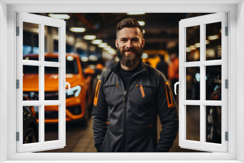 Car tire shop and service - mechanic holding new tire on garage background.