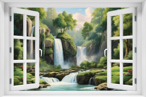 Fototapeta Naklejka Na Ścianę Okno 3D - The beautiful scenery of trees with waterfall