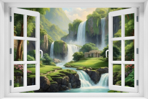 Fototapeta Naklejka Na Ścianę Okno 3D - The scenery of trees with waterfall