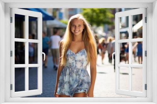 A happy young girl of Scandinavian appearance in a summer dress walks through the city during the day with a smile.