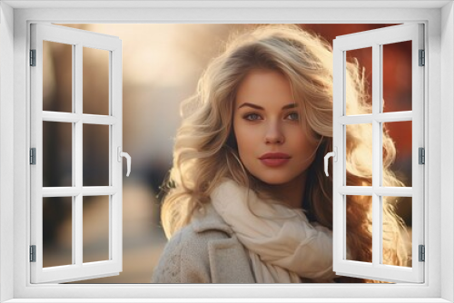 Portrait of a blonde woman outdoors on a blurred background