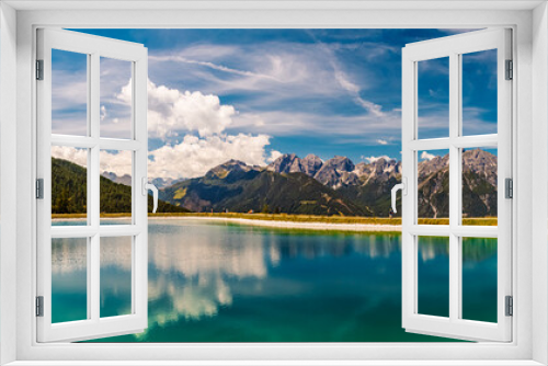 Fototapeta Naklejka Na Ścianę Okno 3D - High resolution stitched alpine summer panorama with reflections in a lake at Serles cable car station, Mieders, Stubaital valley, Innsbruck, Austria