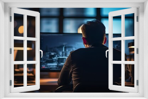 Back view of a man working on a computer in the evening office with out of focus blurred bokeh background - Generative ai