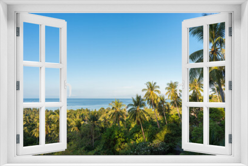 Fototapeta Naklejka Na Ścianę Okno 3D - Tropical calm landscape with palms on Koh Tao island in Thailand in the morning. High angle view on sea horizon, clear blue sky and green palm trees grove. Copy space