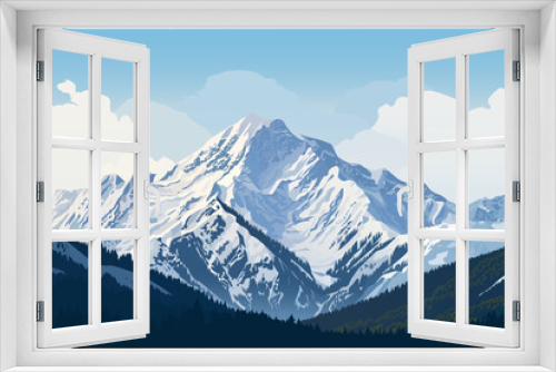 Fototapeta Naklejka Na Ścianę Okno 3D - Amazing landscape of large snow-capped mountains and forests at the foot. Beautiful peaks of huge mountain ranges against a backdrop of trees and stunning clouds. Realistic vector illustration.