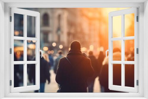 Back view of a crowd of people walking on the street in a busy European city in the evening out of focus blurred background - Generative ai