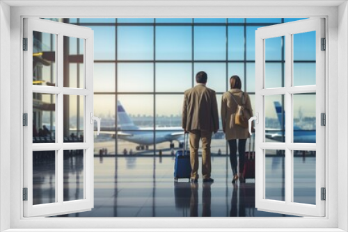 Adult couple with suitcases standing by the panoramic windows overlooking the runways and planes in the departure terminal of the international airport, awaiting a flight. Travel and vacation concept.