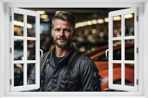 A man standing in front of a bunch of cars in  in professional car repair service.