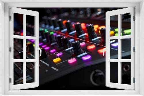 Sound mixing console with colorful knobs.