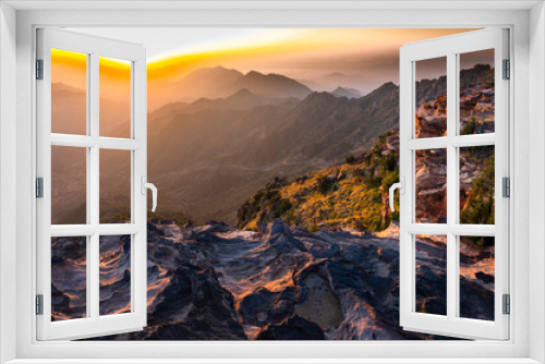 Fototapeta Naklejka Na Ścianę Okno 3D - Colorful landscape background at sunrise in the Asir Mountains in Saudi Arabia.
