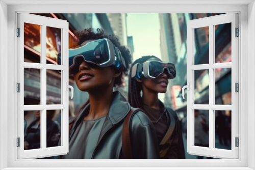 portrait of a person in VR glasses on the street of futuristic city