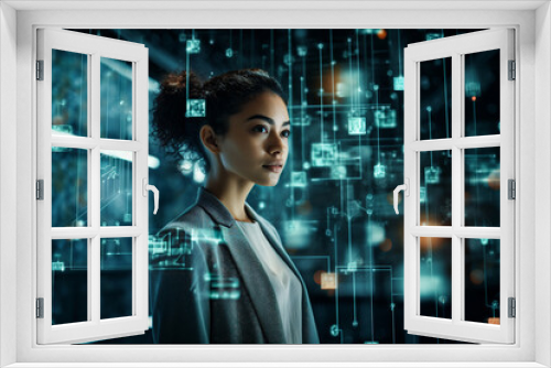 a confident young business woman analyzes data in a futuristic environment with holographic elements 