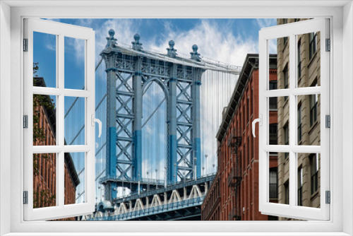 Fototapeta Naklejka Na Ścianę Okno 3D - Iconic view of Manhattan Bridge, New York City, USA seen from Washington Street in Dumbo (Down Under the Manhattan Bridge Overpass), Brooklyn area
