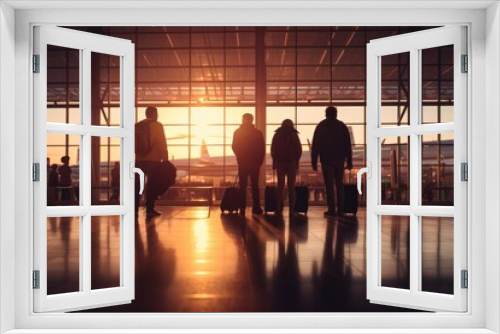 Boarding Ambiance on Airport Scene: Against the Sunset Backdrop, Passengers Assemble in Front of Departure Gate, Eagerly Awaiting the Call for Boarding.