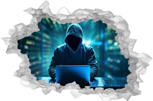 A hacker or scammer using laptop computer on dark technology background, phising, online scam and cybercrime concept. Generative AI
