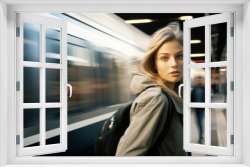 Young woman waiting for her train as a train passes by