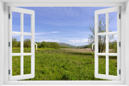 Fototapeta Naklejka Na Ścianę Okno 3D - Morning, sunrise, mountain panorama and light blue sky..